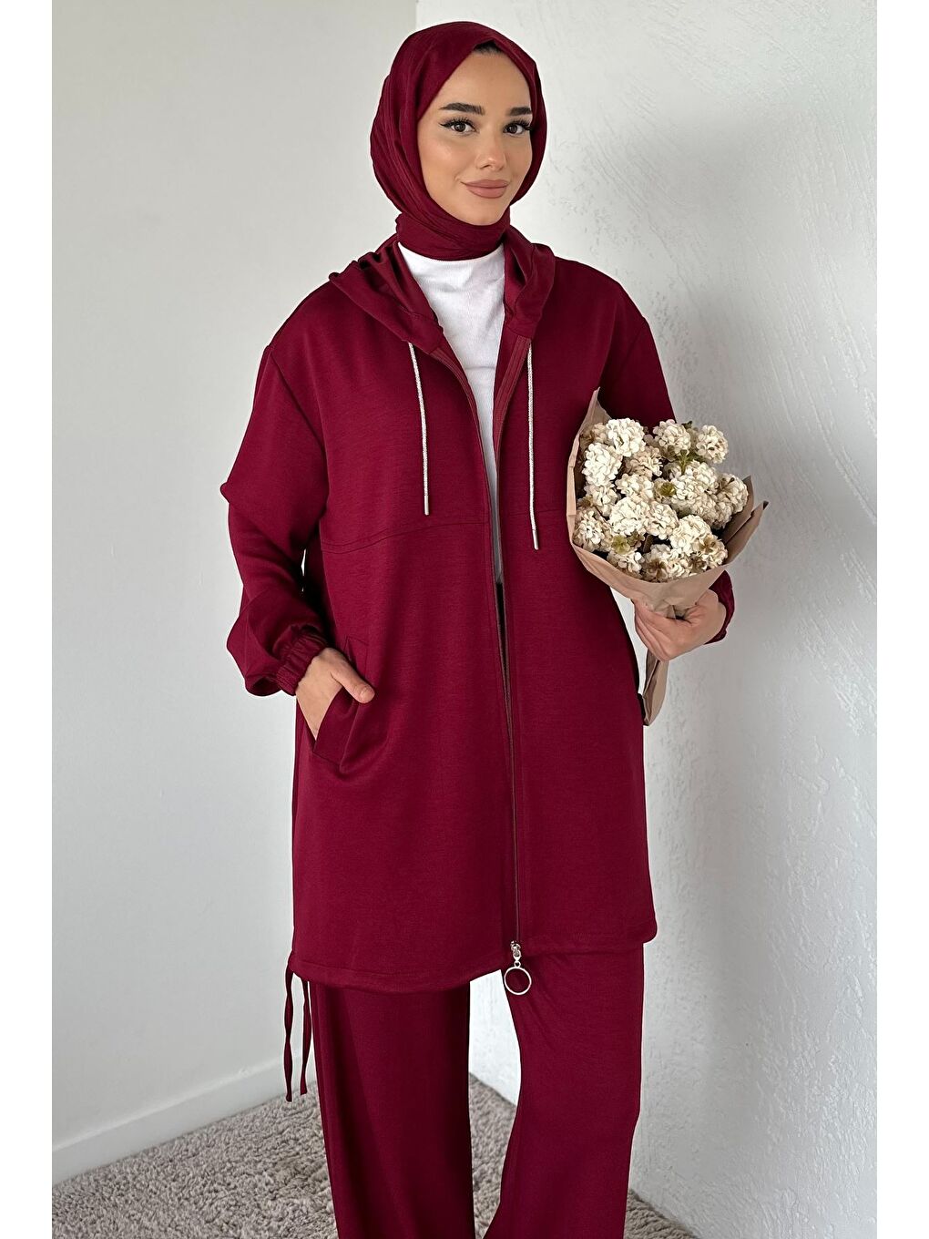 Bordo Ön Fermuarlı Kapüşonlu Tunik Bel Lastikli Pantolon Tesettür İkili Takım-3