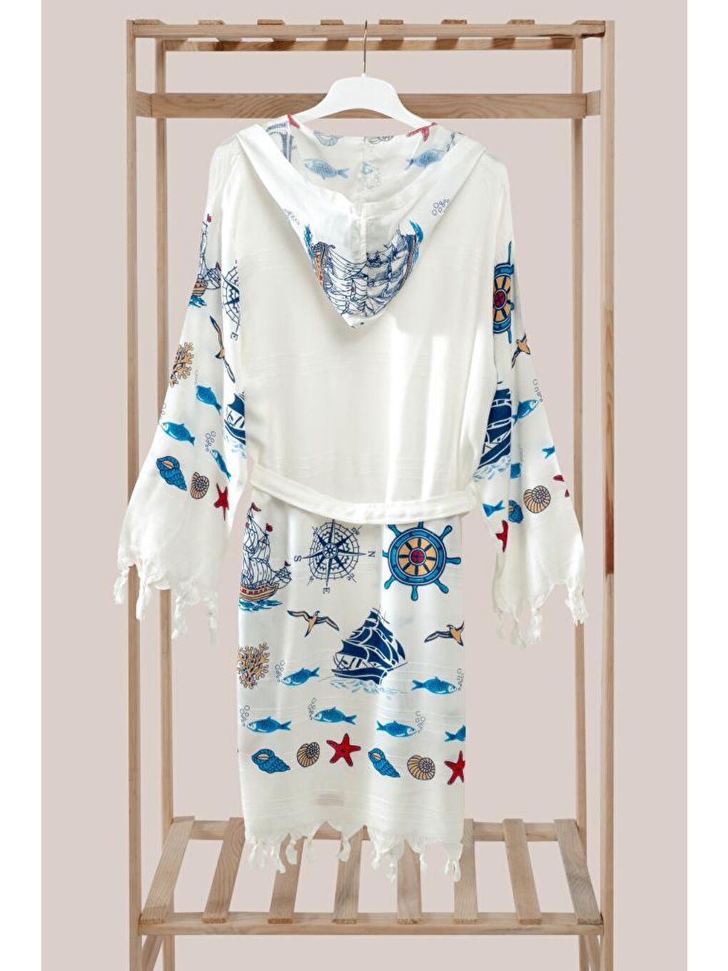 Mavi Marine Kapüşonlu Bambu Plaj Elbisesi Bornoz-1