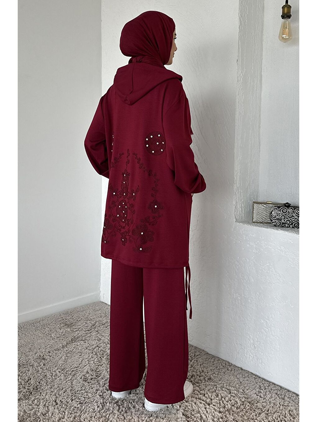 Bordo Ön Fermuarlı Kapüşonlu Tunik Bel Lastikli Pantolon Tesettür İkili Takım-6
