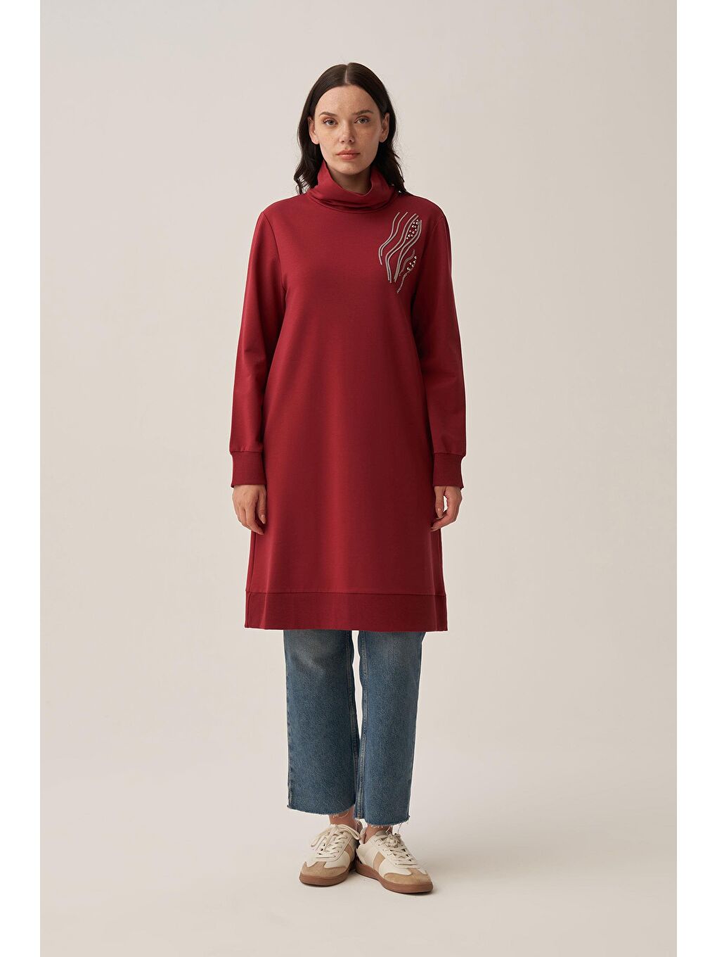 Bordo-Taş İşlemeli Pamuklu Tunik-1