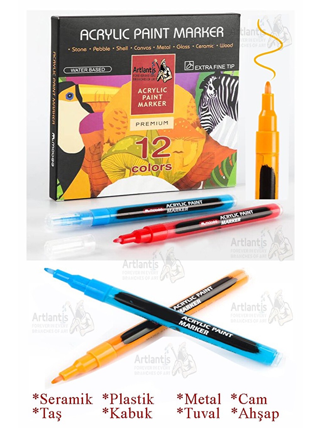 12 Renk Akrilik Markör Keçeli Kalem 1 Adet 12 Li Acrylic Paint Marker Taş Cam Metal Seramik Plastik