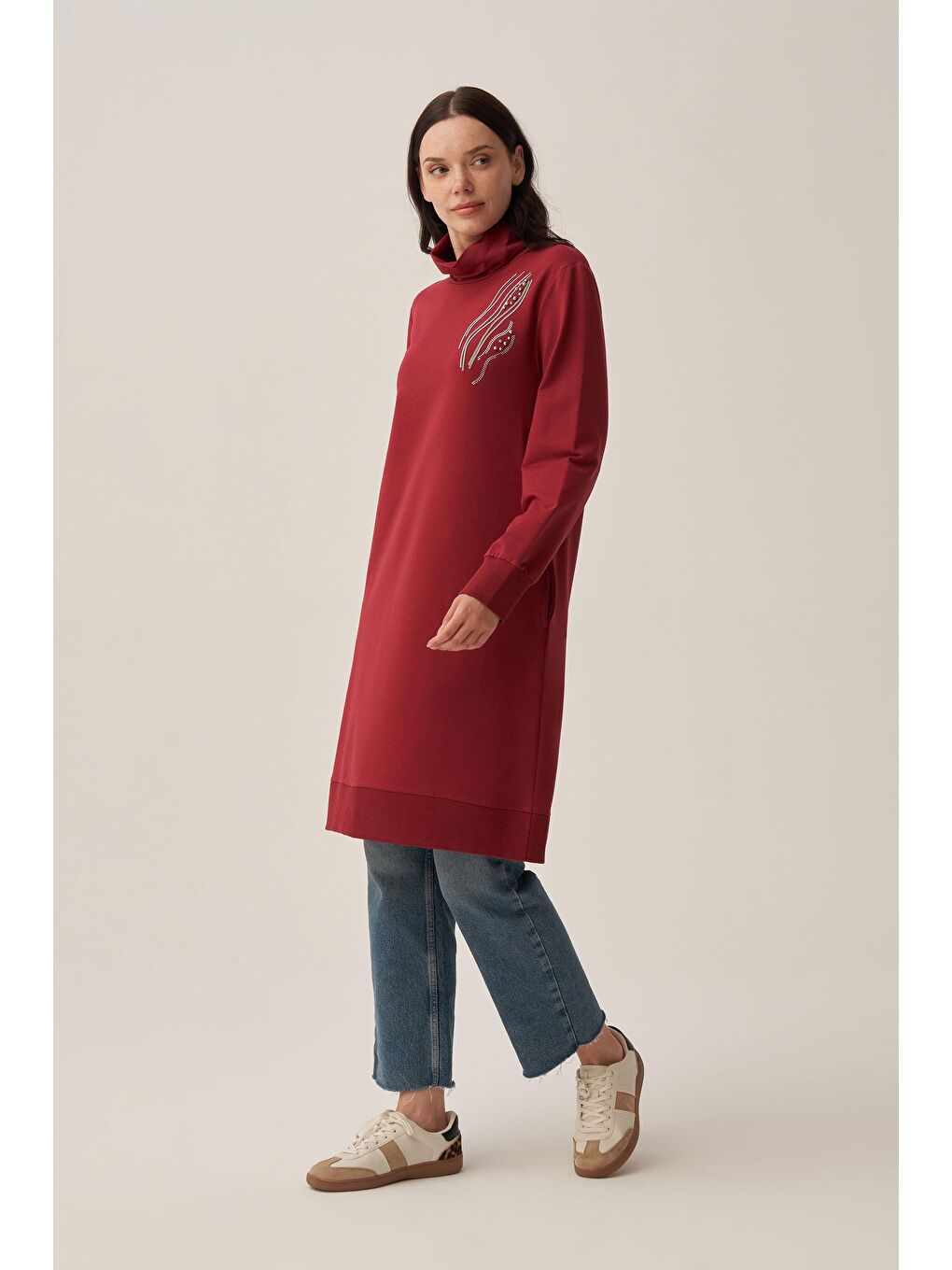Bordo-Taş İşlemeli Pamuklu Tunik-2