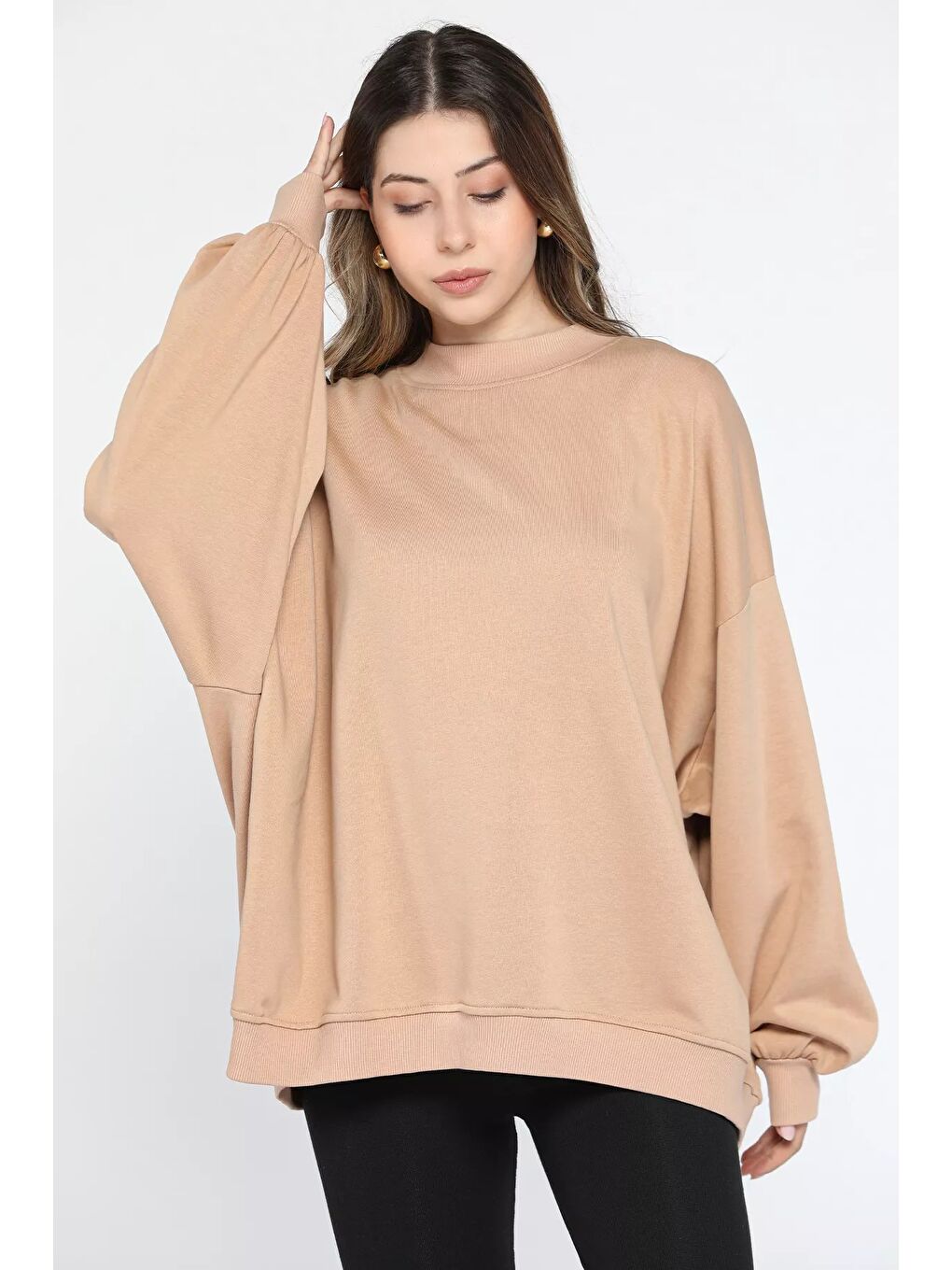 GÜLSELİ Ekru Kadın Oversize Balon Kol Sweatshirt - 2