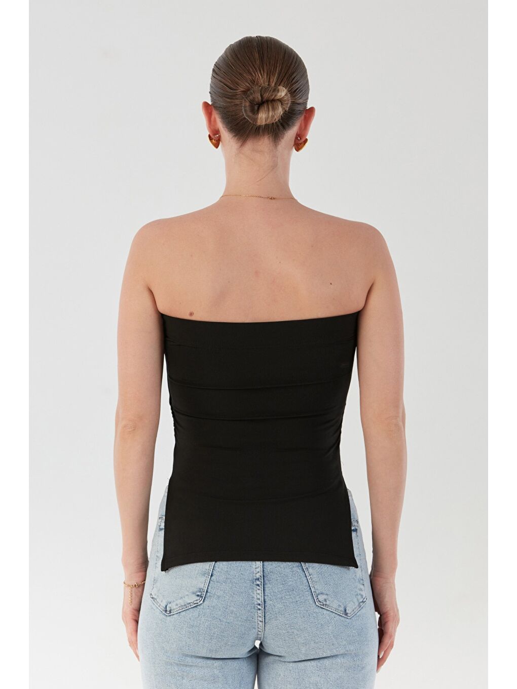 Siyah Basic Yanları Yırtmaçlı Kaplı Straplez Bluz-3