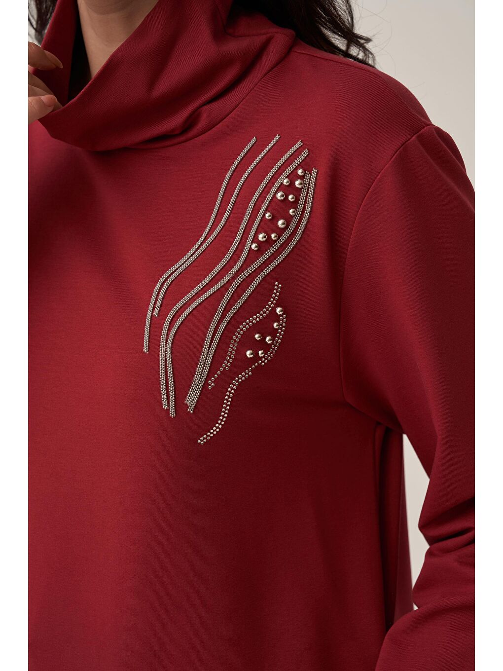 Bordo-Taş İşlemeli Pamuklu Tunik-4