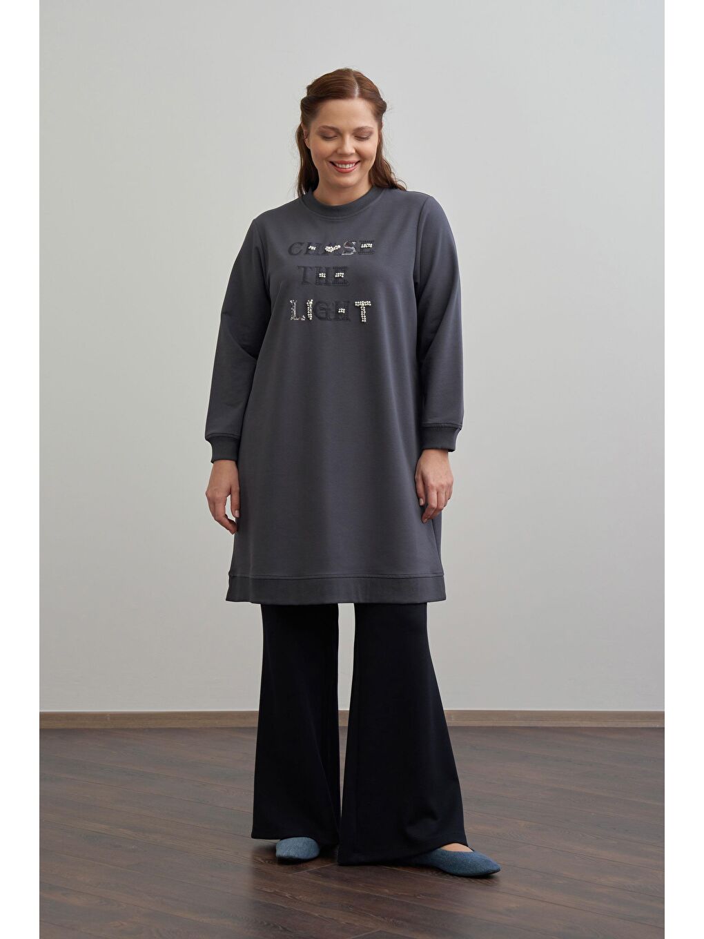 Antrasit-Nakışlı Pamuklu Tunik