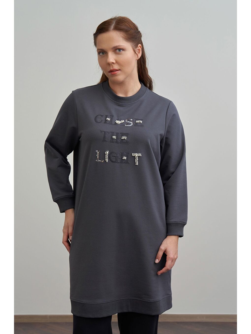 Antrasit-Nakışlı Pamuklu Tunik-3