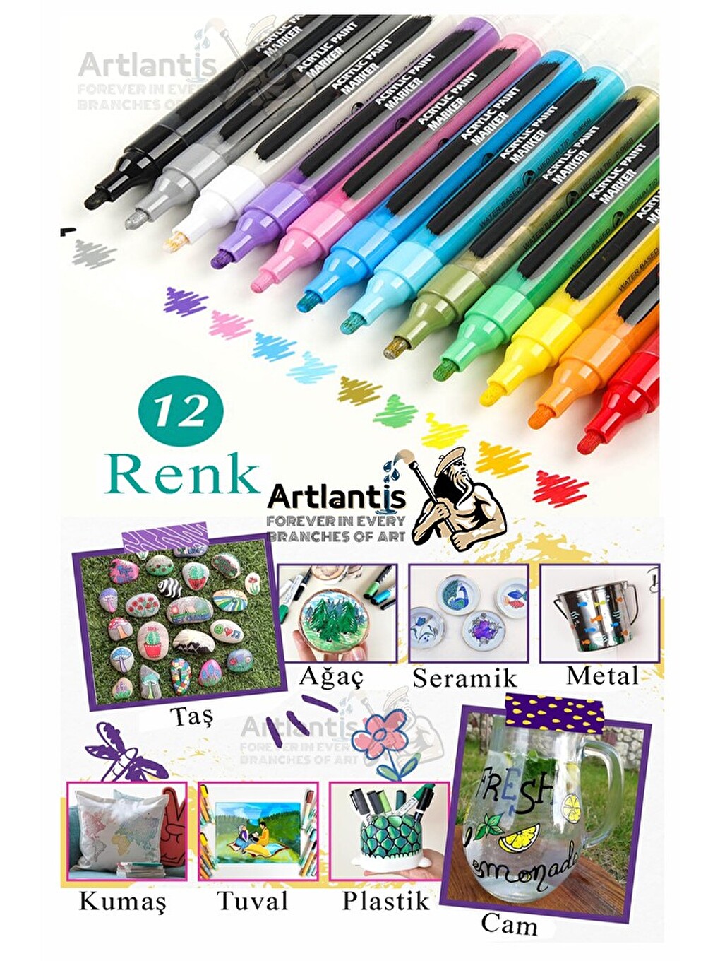 12 Renk Akrilik Markör Keçeli Kalem 1 Adet 12 Li Acrylic Marker Taş Cam Metal Seramik Plastik Tuval-1
