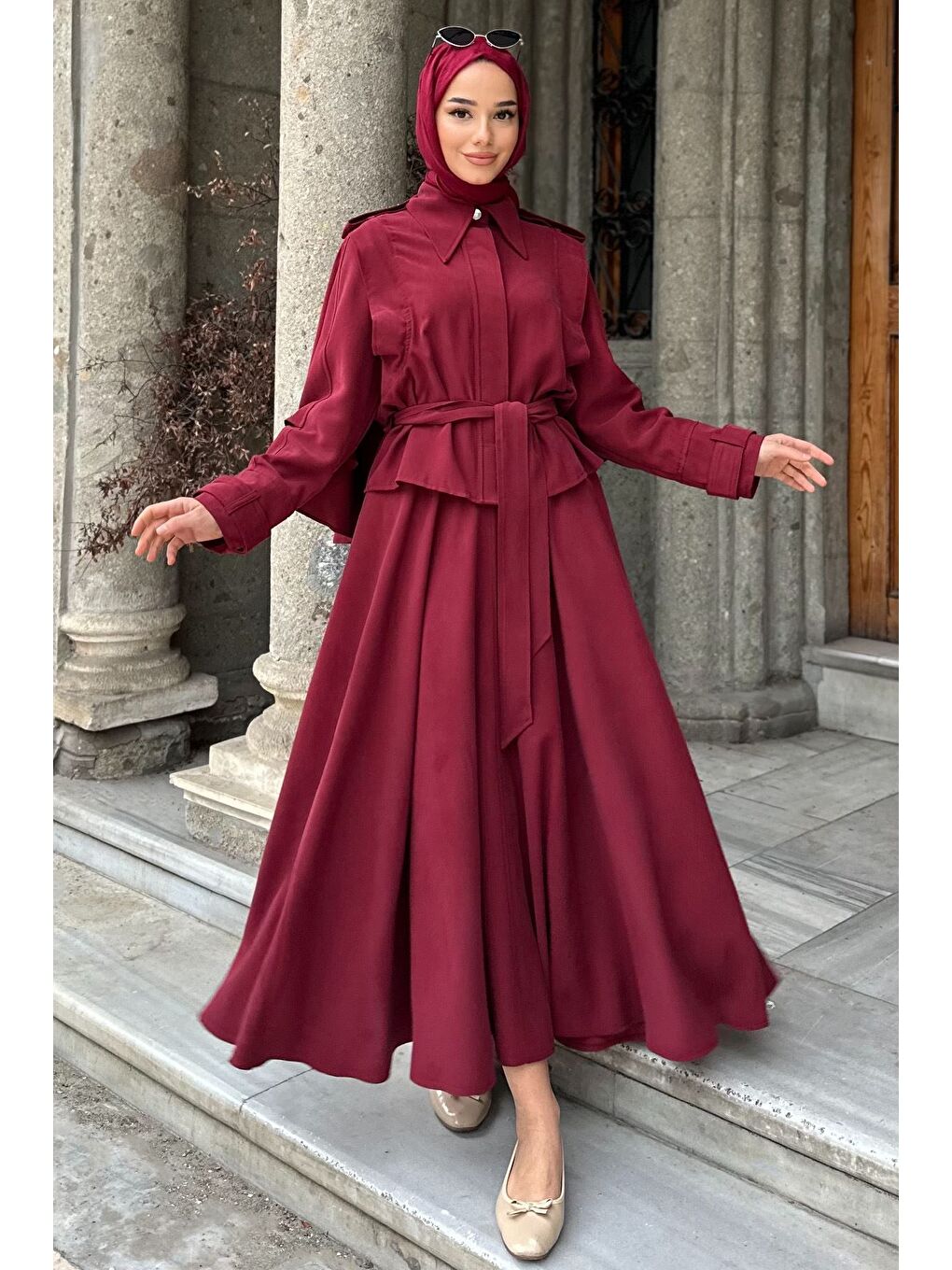 Bordo Pelerinli Ve Kemerli Ceket Etek Tesettür İkili Takım-5
