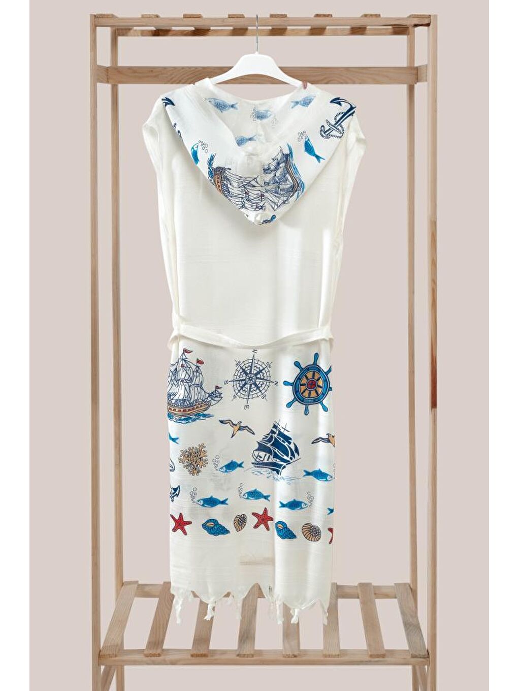 Mavi Bambu Kapüşon'lu Peştemal Bornoz Plaj Elbisesi-1