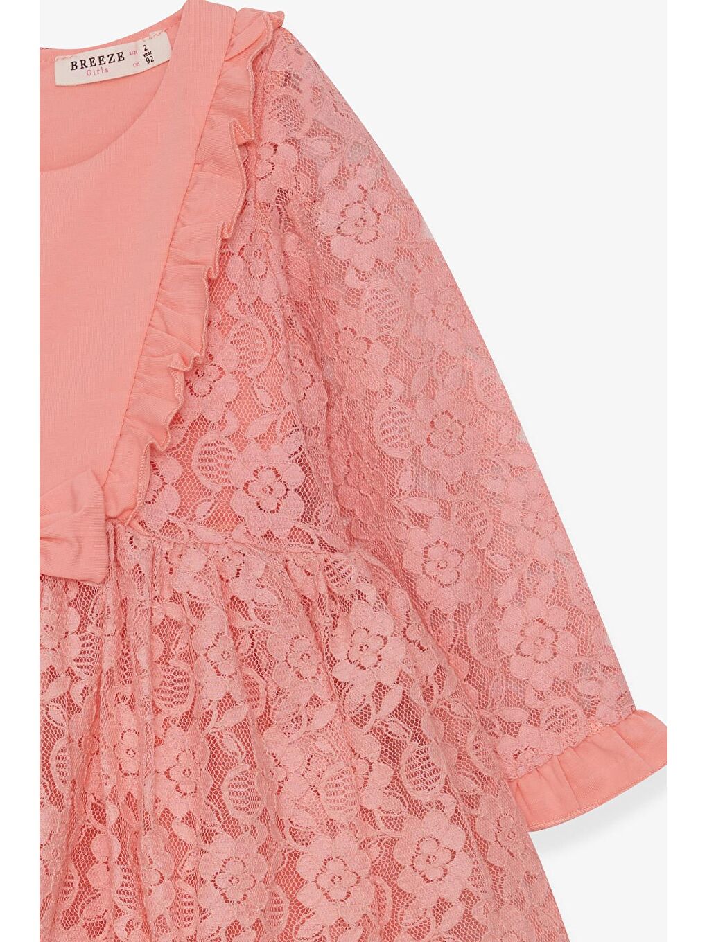 Pembe Kız Çocuk Uzun Kollu Elbise Dantelli Fiyonklu Somon (2-5 Yaş)-5