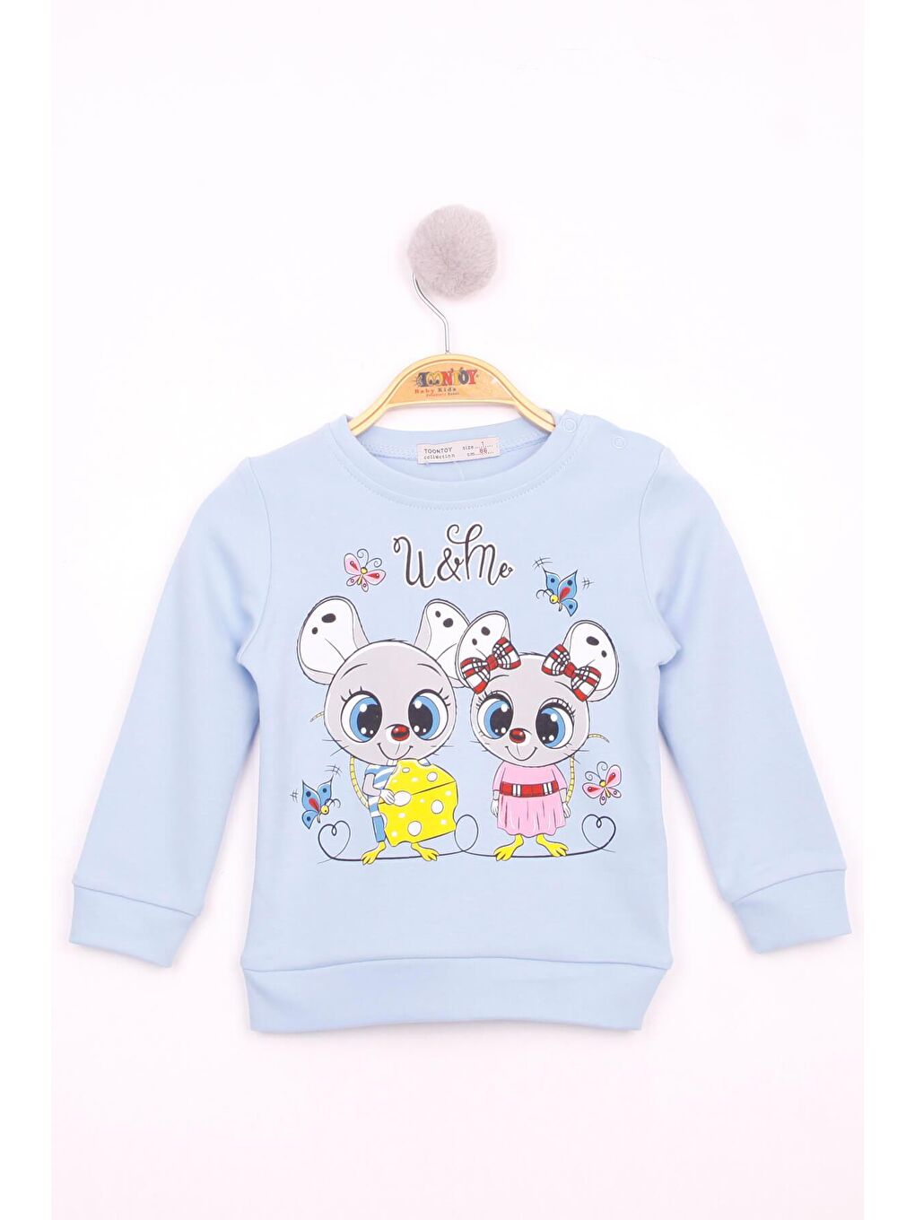 Mavi Kız Çocuk Omuzdan Çıtçıtlı Fare Baskılı Sweatshirt