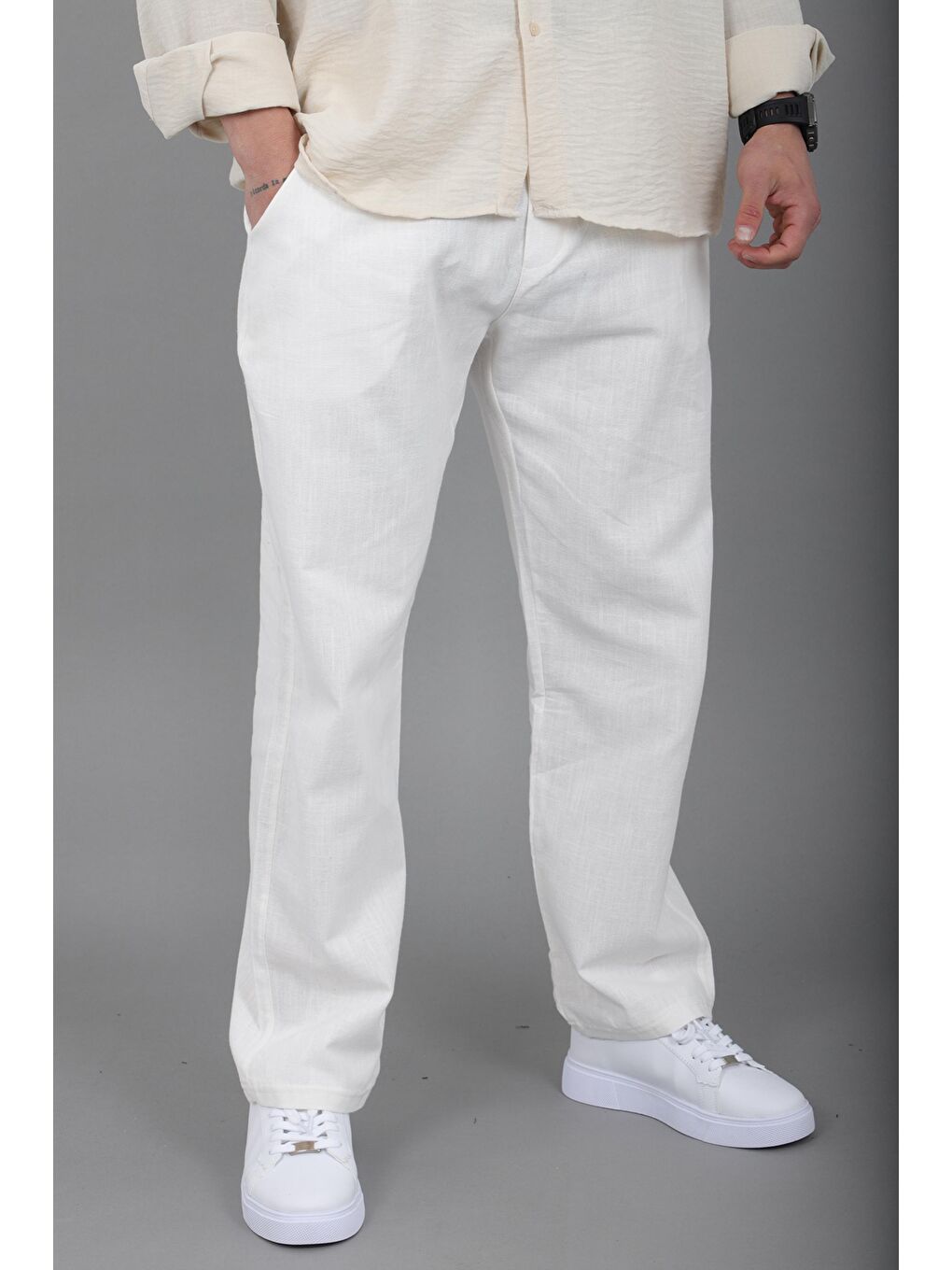 Beyaz Yıkamalı Keten Baggy Pantolon SPR 2313_0445