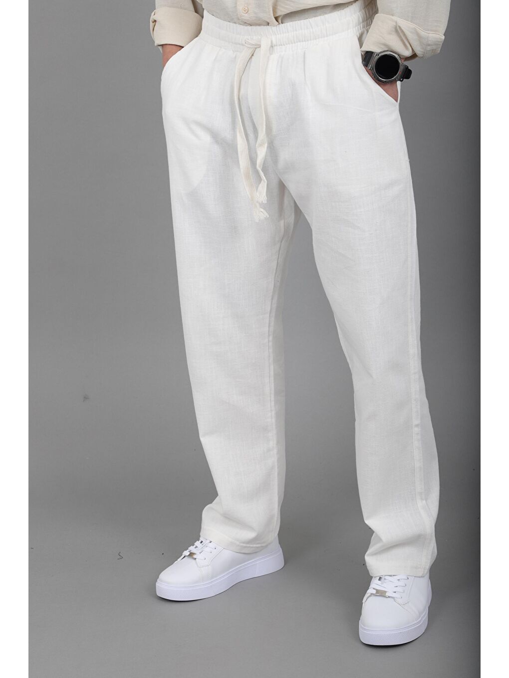 Beyaz Yıkamalı Keten Baggy Pantolon SPR 2313_0445-1