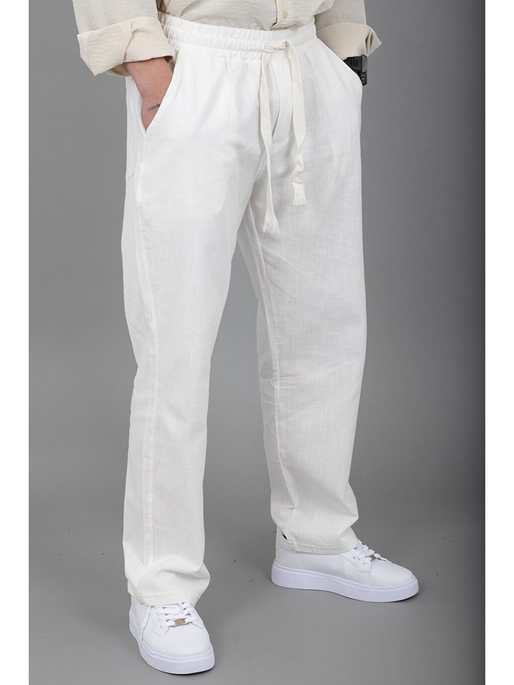 Beyaz Yıkamalı Keten Baggy Pantolon SPR 2313_0445-2