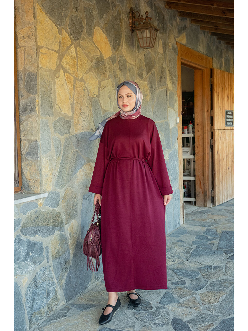 Kadın Dikiş Detay Bağlamalı Elbise Bordo