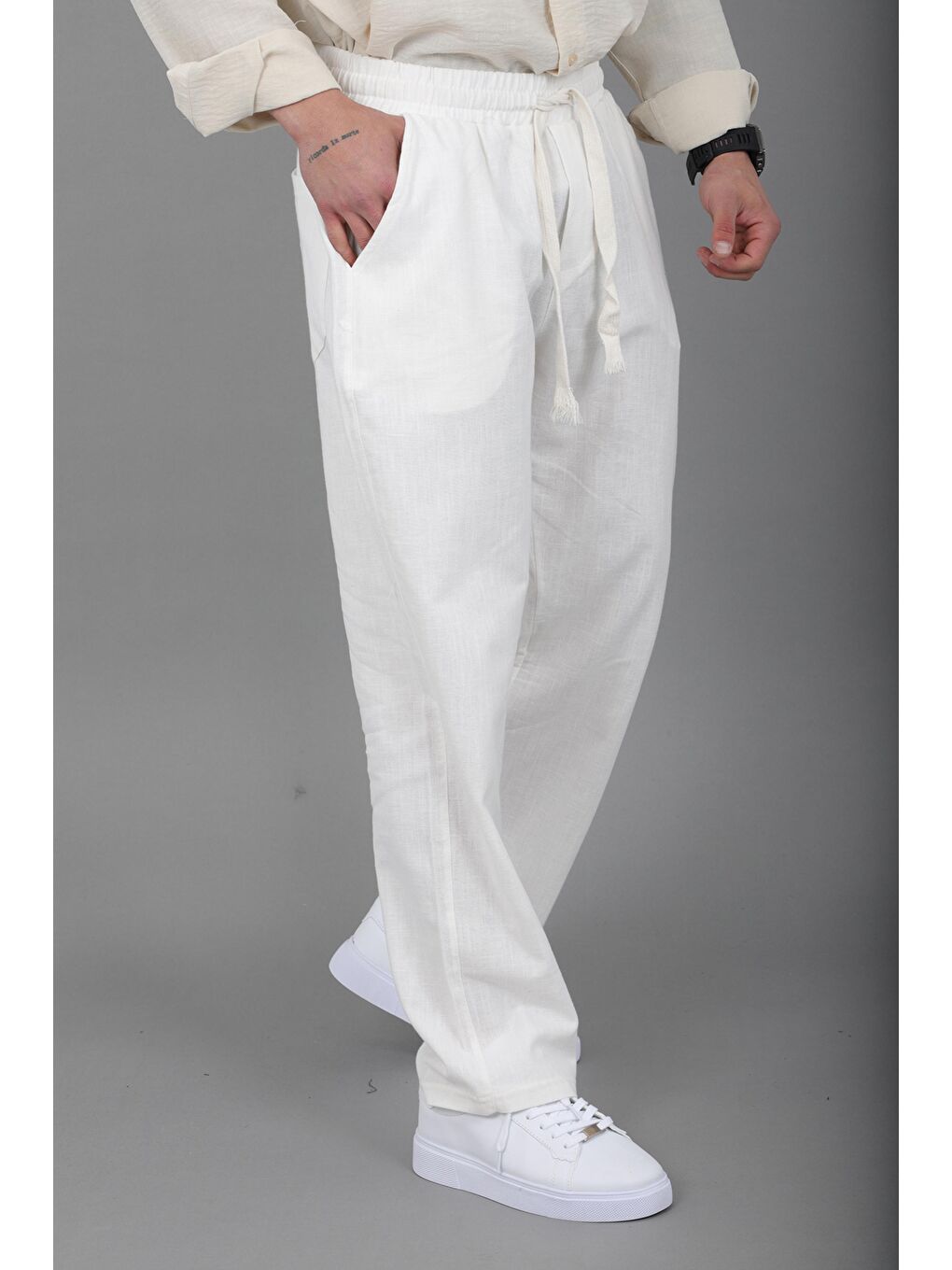 Beyaz Yıkamalı Keten Baggy Pantolon SPR 2313_0445-3