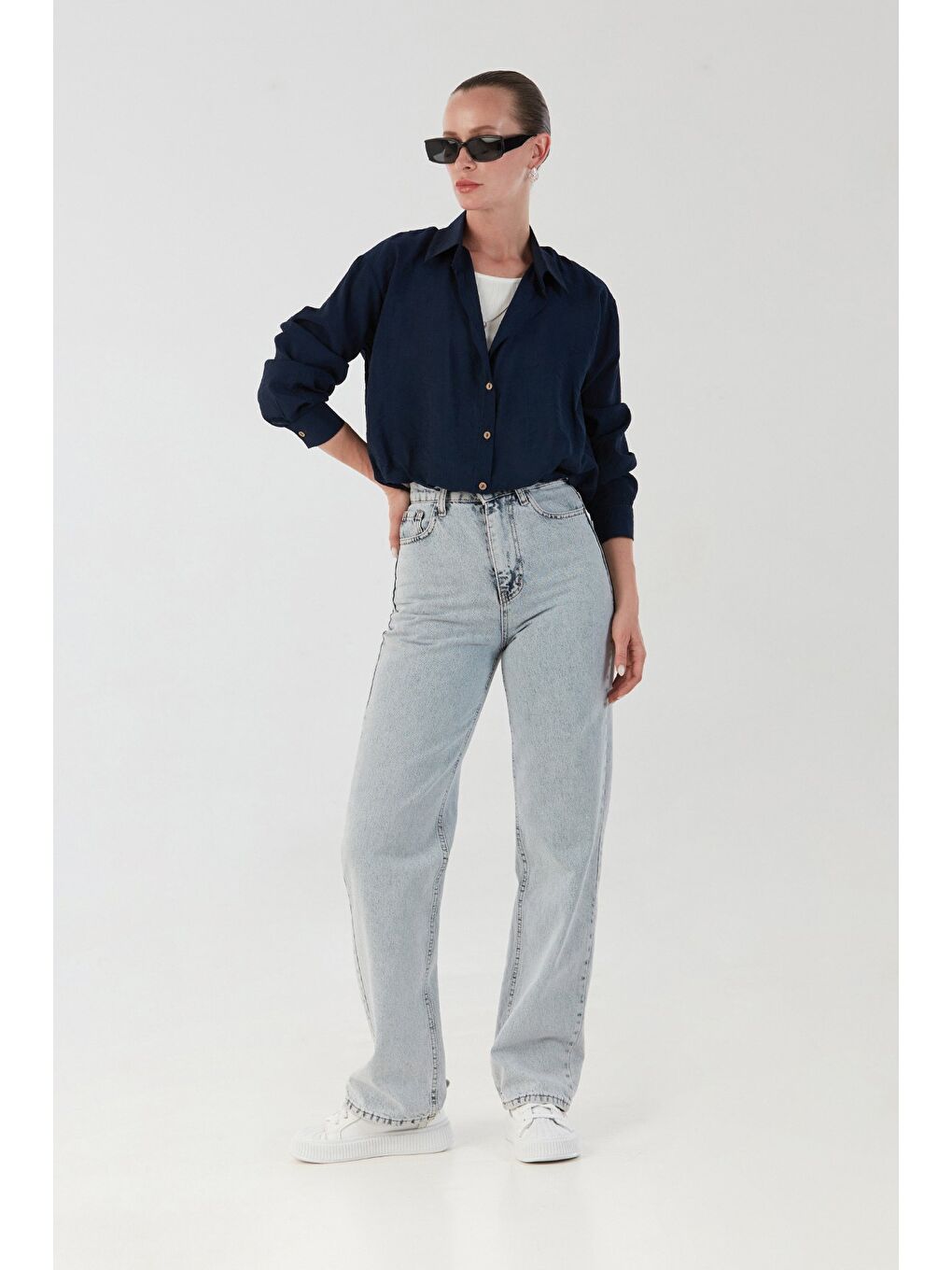 Lacivert Basic Body Detaylı Kolyeli Gömlek-4