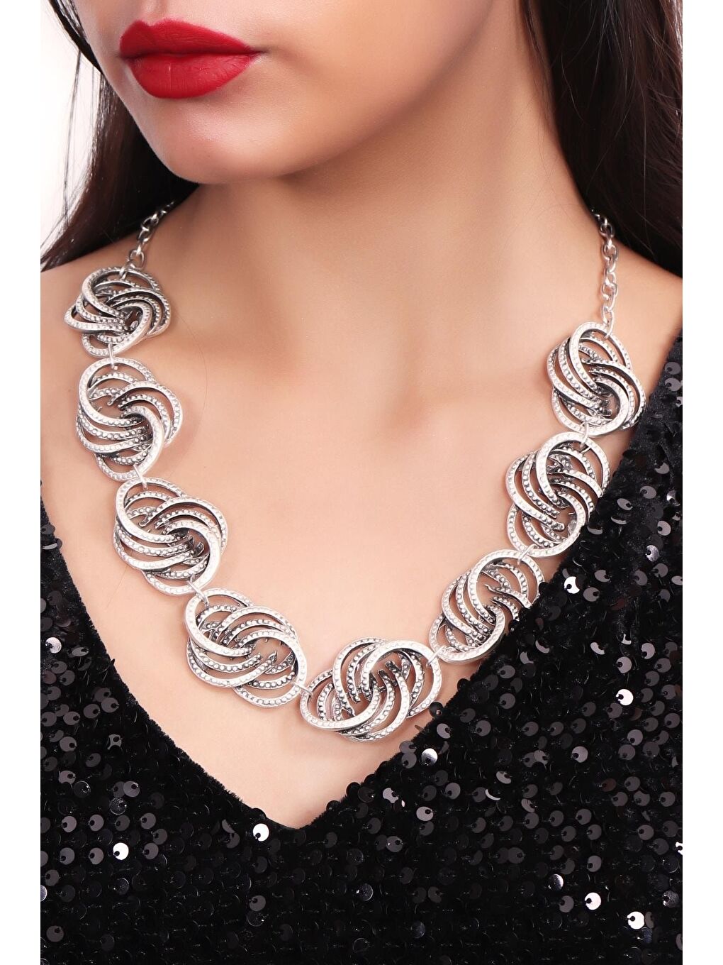 Gri Kadın Antik Gümüş Kaplama Otantik Kolye-1