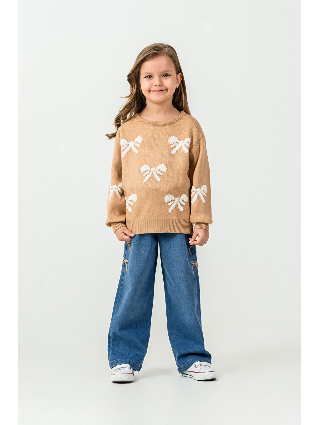 Kahverengi Kız Çocuk Kazak-Jean Pantolon 2'li Takım