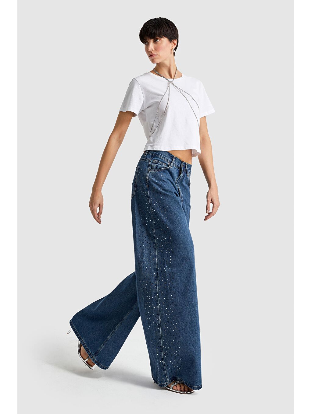 Yeşil Kadın Tint  Rengi Palazzo Fit Orta Bel Yanı Parlak Taşlı Denim