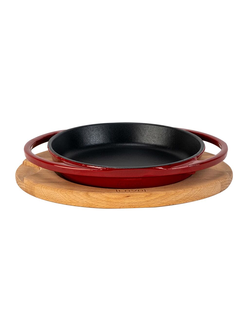 Bordo Yuvarlak Sahan Döküm Demir Yekpare Çift Kulplu Kayın Servis Ahşabı Çap(Ø)20cm.