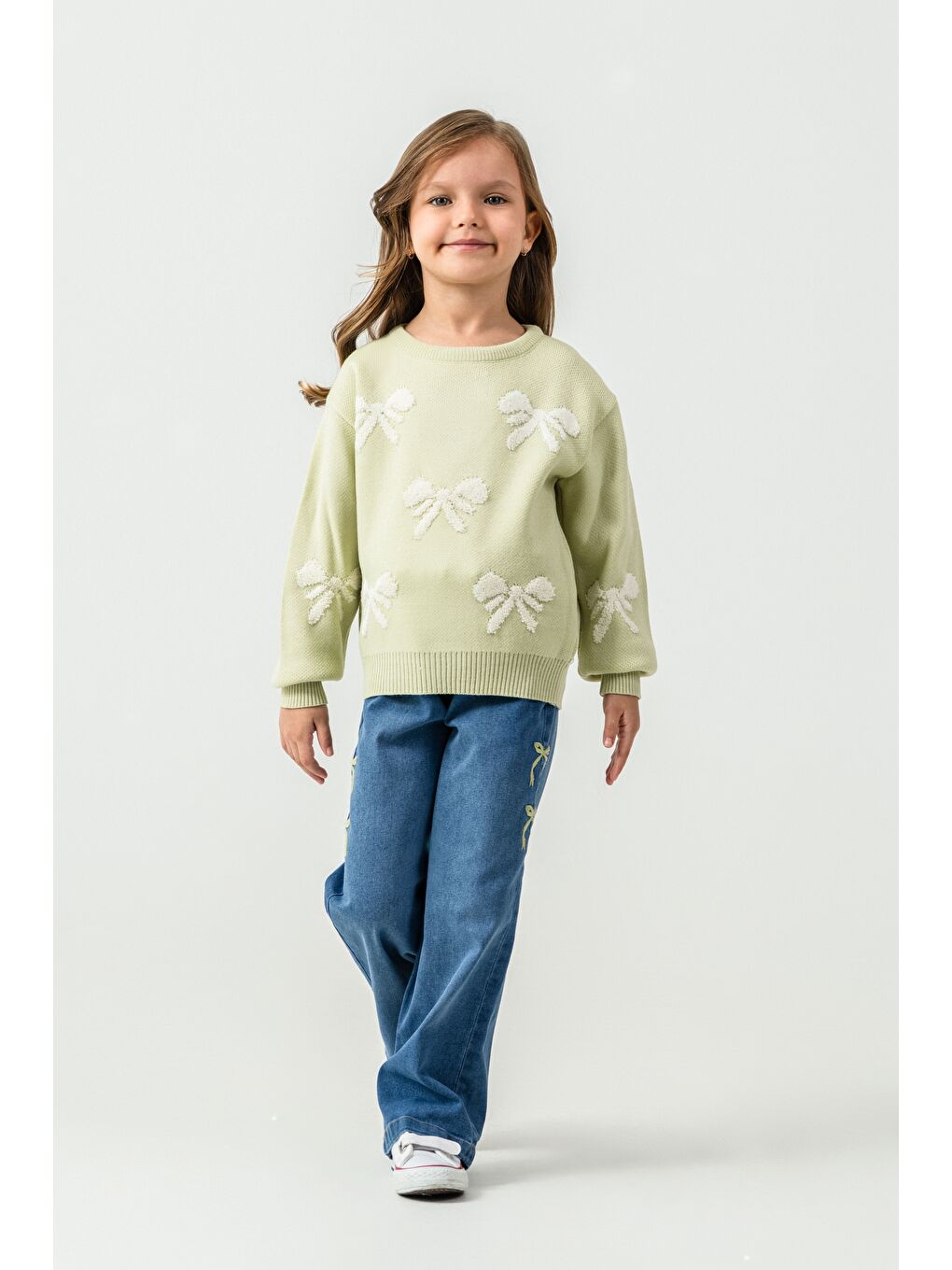 Yeşil Kız Çocuk Kazak-Jean Pantolon 2'li Takım-1