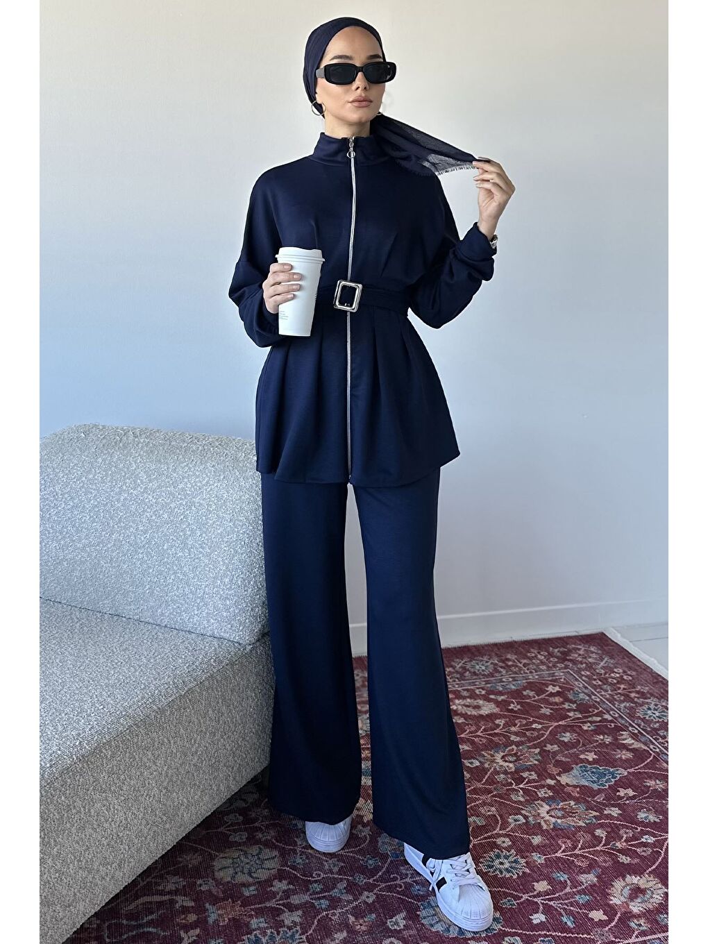 Lacivert Ön Fermuarlı Pileli Tunik Bel Lastikli Pantolon Tesettür İkili Takım-3