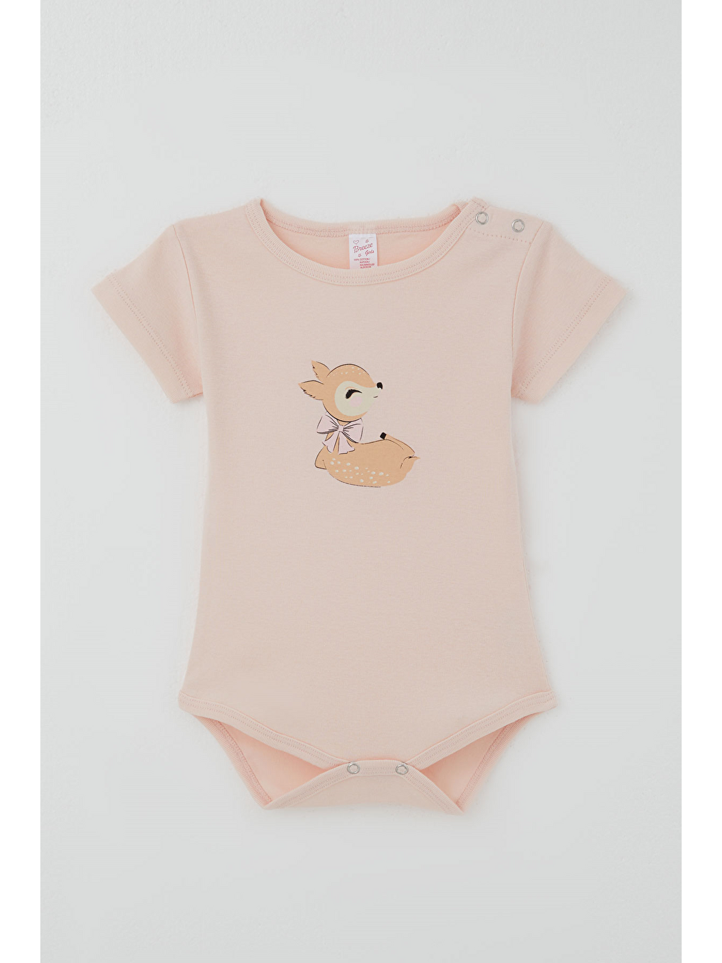 Pembe Kız Çocuk Çıtçıtlı Kısa Kollu Zıbın Body Sevimli Ceylan Baskılı Pudra (1-3 Yaş)