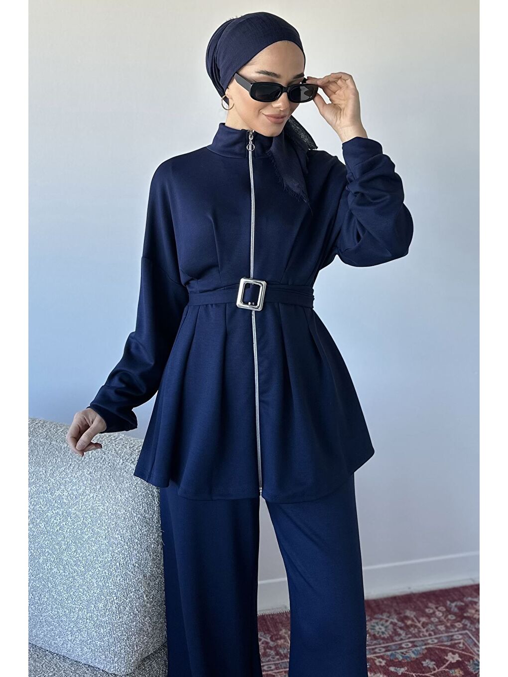 Lacivert Ön Fermuarlı Pileli Tunik Bel Lastikli Pantolon Tesettür İkili Takım-5
