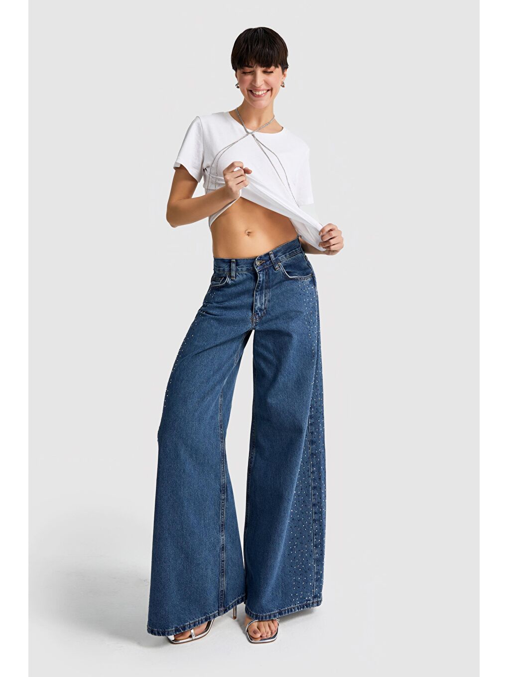 Yeşil Kadın Tint  Rengi Palazzo Fit Orta Bel Yanı Parlak Taşlı Denim-1