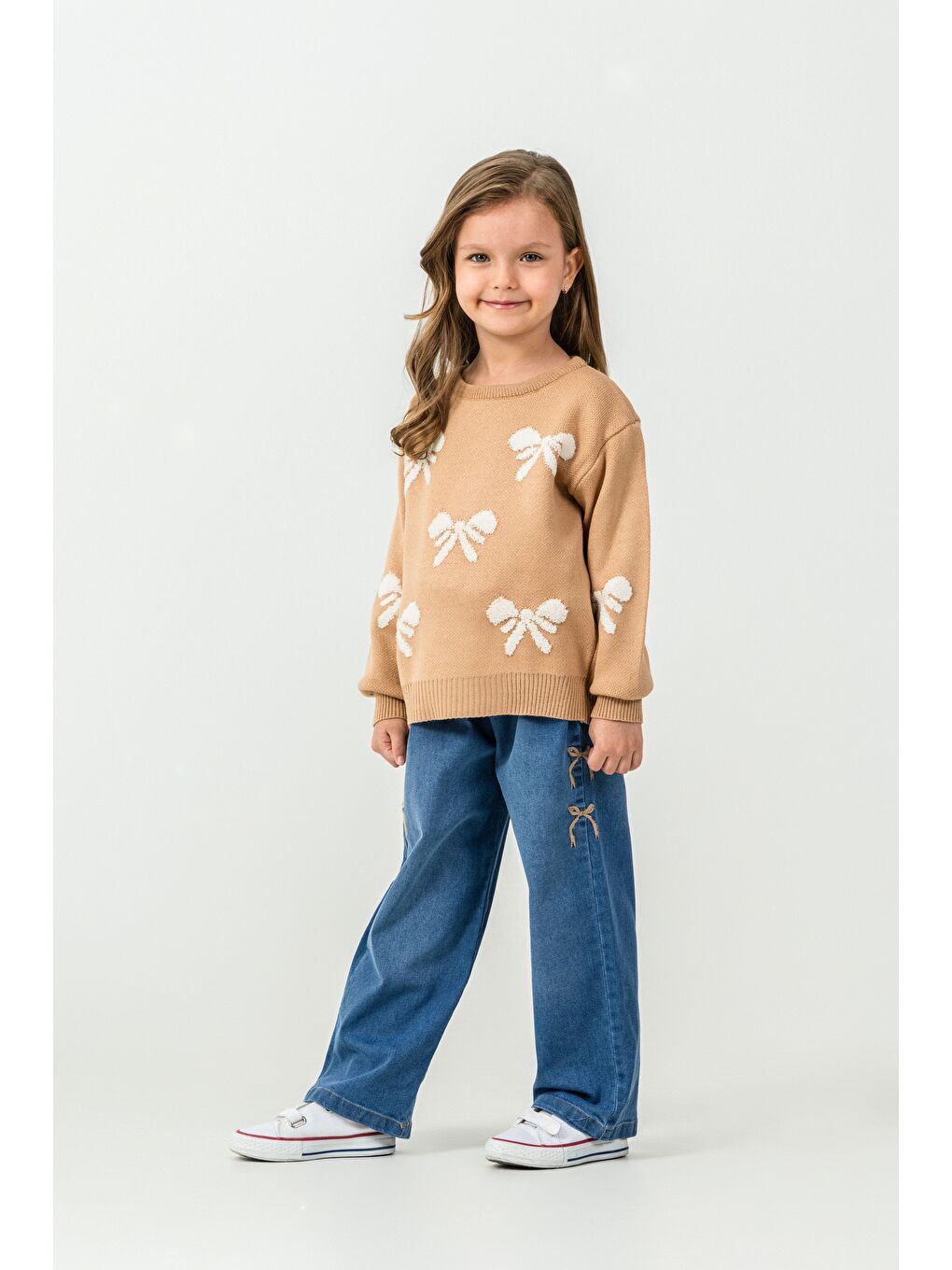 Kahverengi Kız Çocuk Kazak-Jean Pantolon 2'li Takım-1