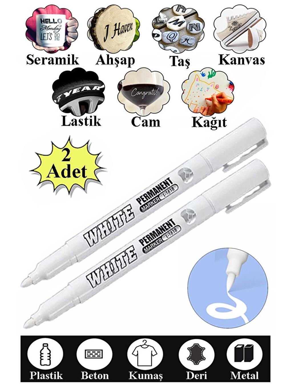 Beyaz Keçeli Kalem 2 Adet Kalıcı Marker Kalem Yağ Bazlı Cam Metal Seramik Ahşap Lastik Plastik Taş Y