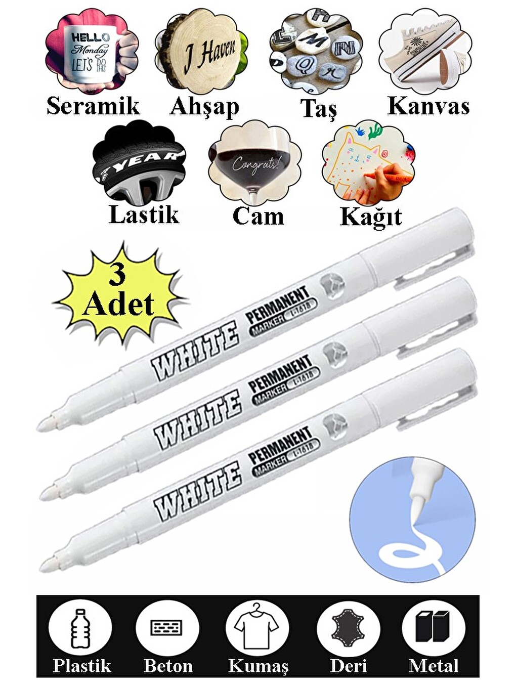 Beyaz Keçeli Kalem 3 Adet Kalıcı Marker Kalem Yağ Bazlı Cam Metal Seramik Ahşap Lastik Plastik Taş Y