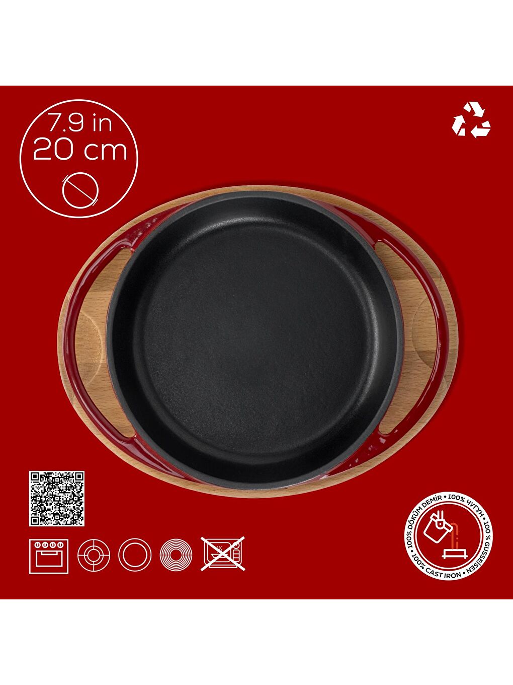 Bordo Yuvarlak Sahan Döküm Demir Yekpare Çift Kulplu Kayın Servis Ahşabı Çap(Ø)20cm.-3