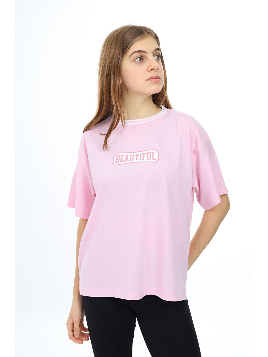 Toz Pembe Beautiful Yazılı Oversize Kız Tişört 17934