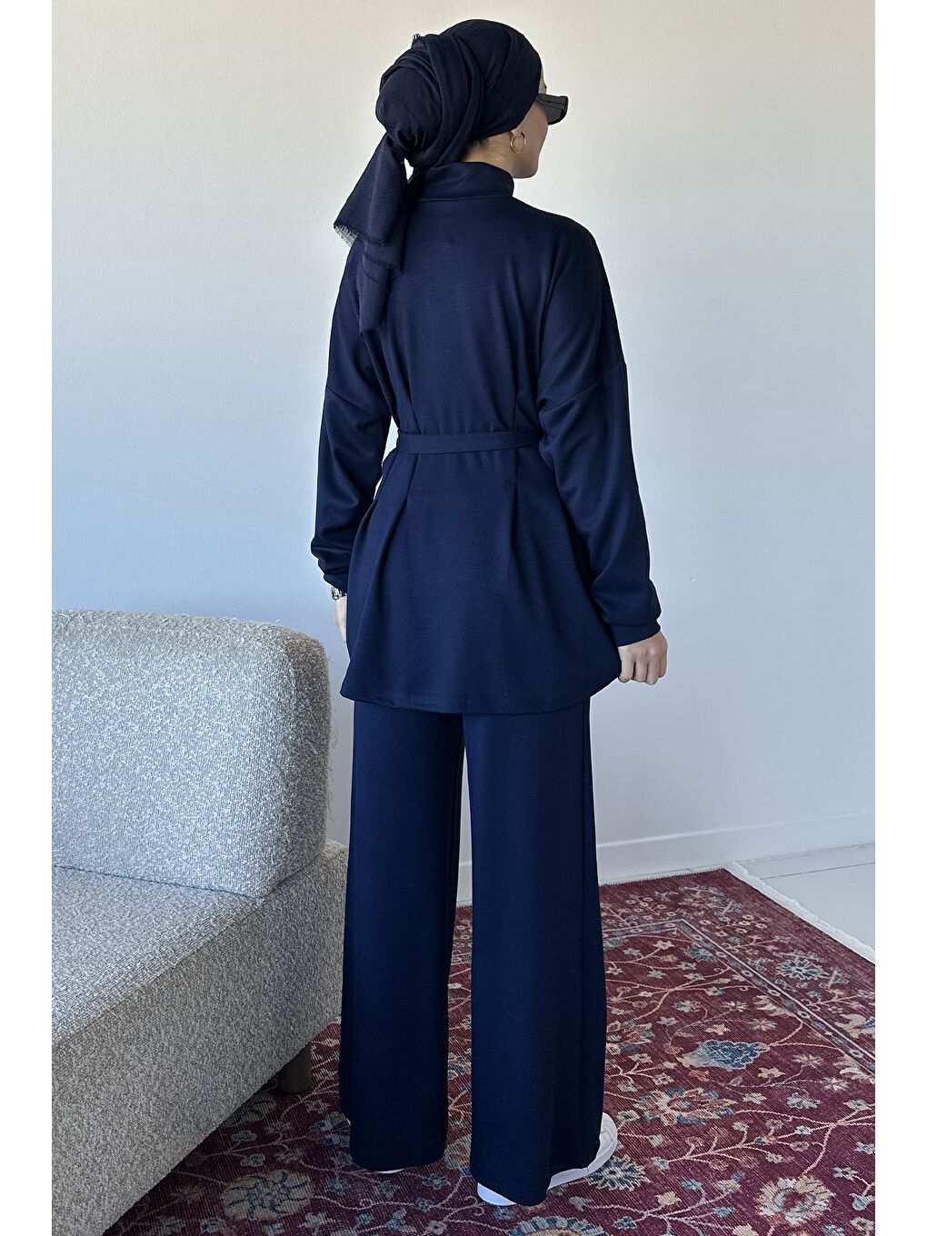Lacivert Ön Fermuarlı Pileli Tunik Bel Lastikli Pantolon Tesettür İkili Takım-7