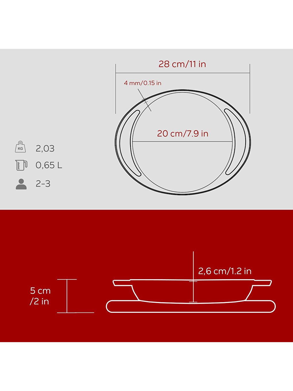 Bordo Yuvarlak Sahan Döküm Demir Yekpare Çift Kulplu Kayın Servis Ahşabı Çap(Ø)20cm.-4