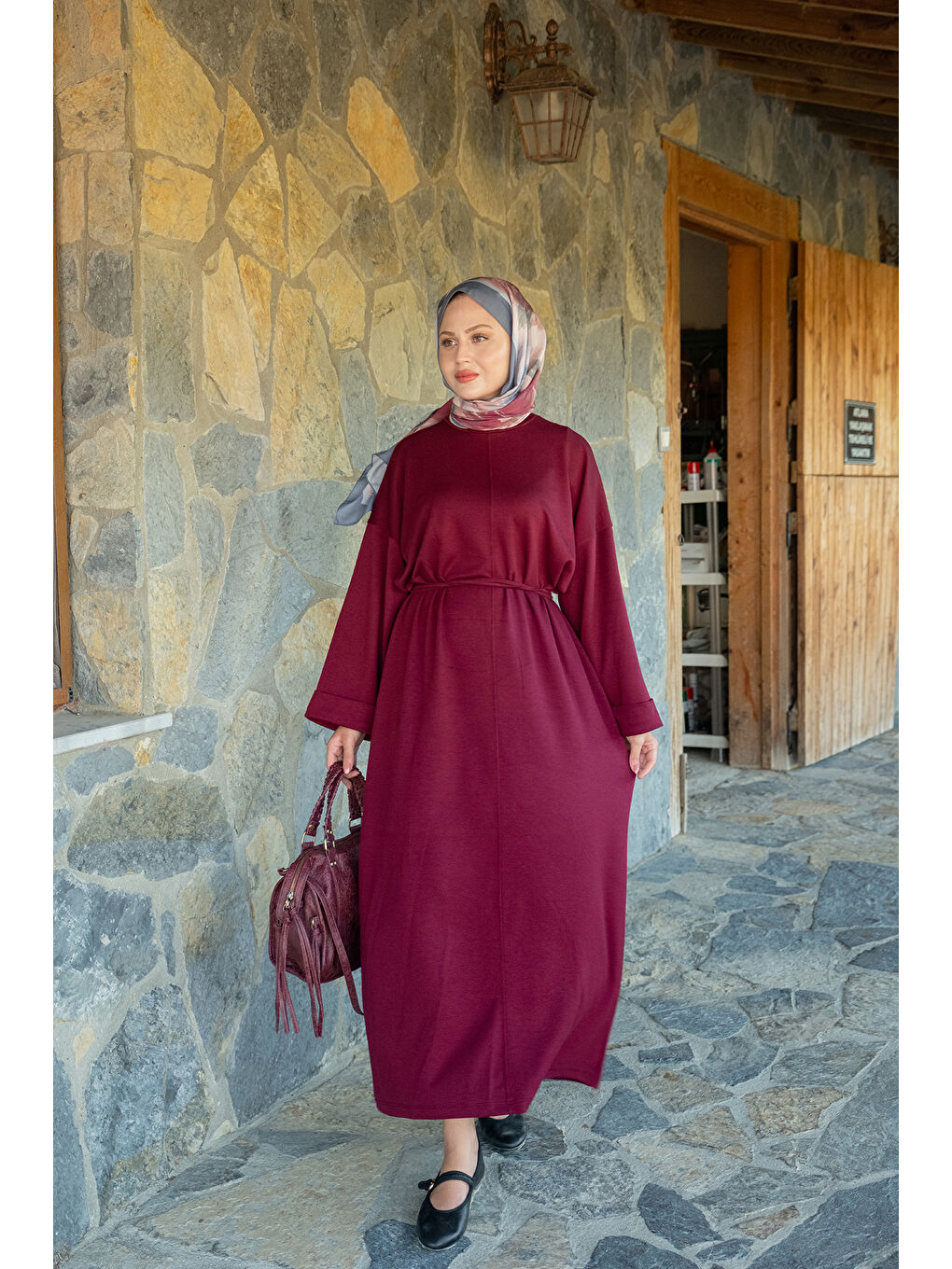 Kadın Dikiş Detay Bağlamalı Elbise Bordo-1