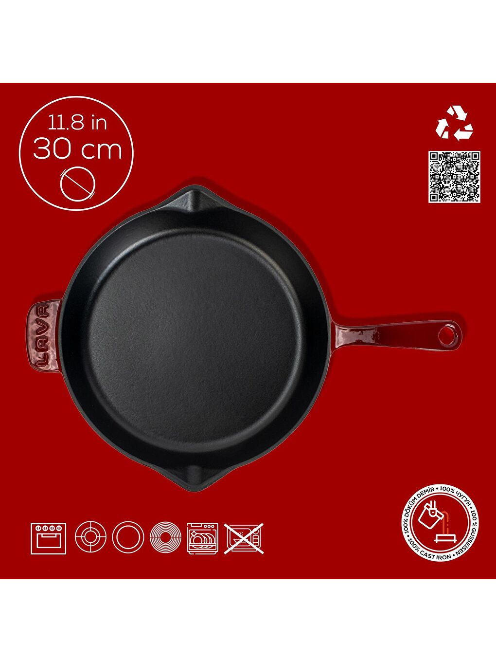 Bordo Yuvarlak Kızartma Tavası Döküm Demir Yekpare Saplı. Çap(Ø)30cm-3