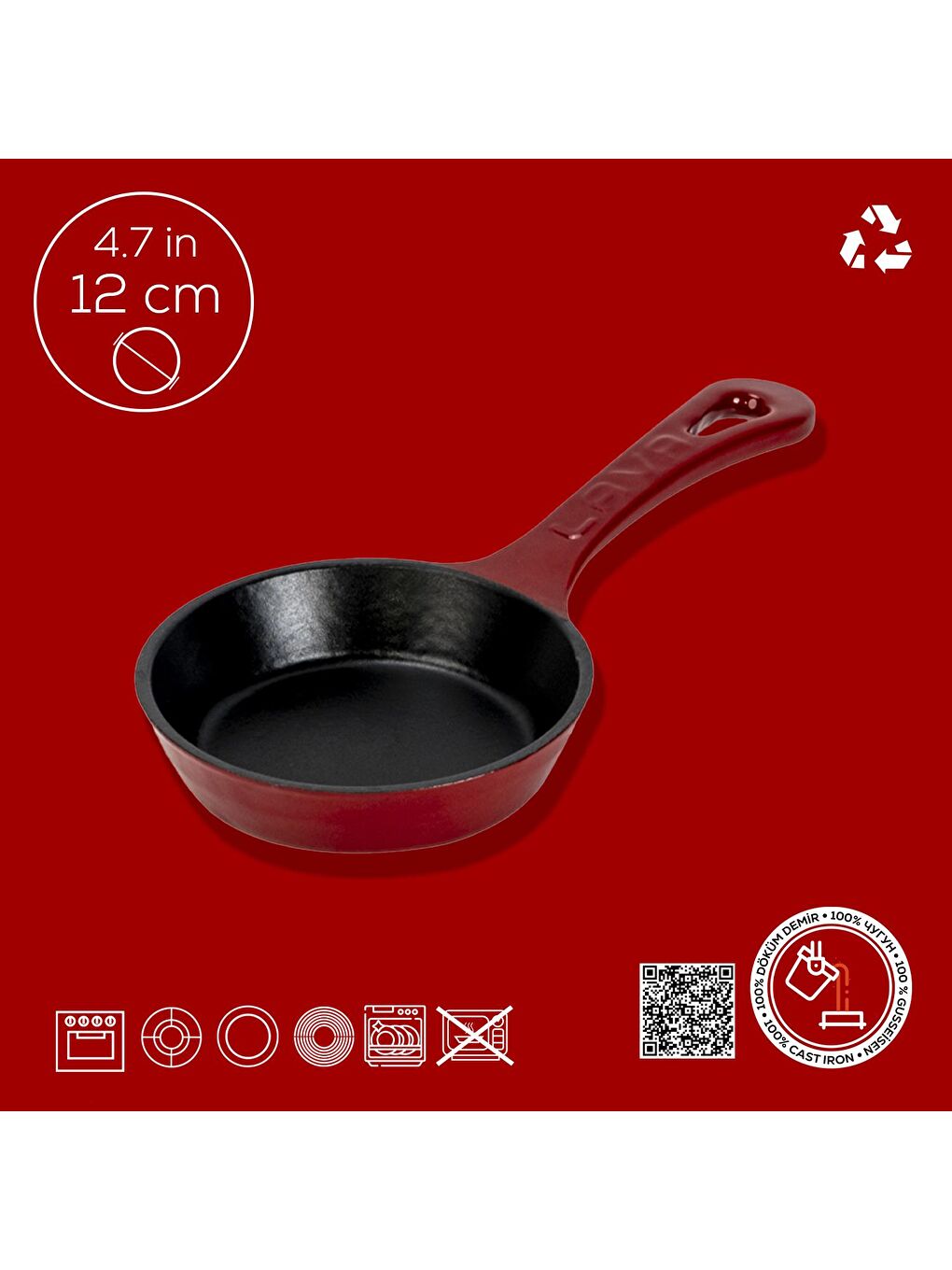 Bordo Yuvarlak Kızartma Tavası Yekpare Saplı. Çap(Ø)12cm.-3