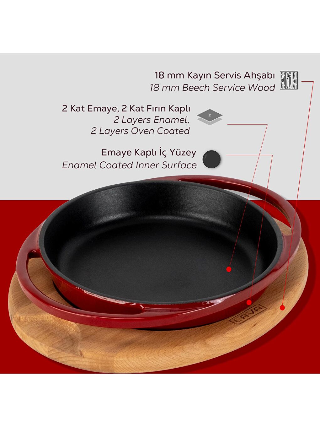 Bordo Yuvarlak Sahan Döküm Demir Yekpare Çift Kulplu Kayın Servis Ahşabı Çap(Ø)20cm.-5