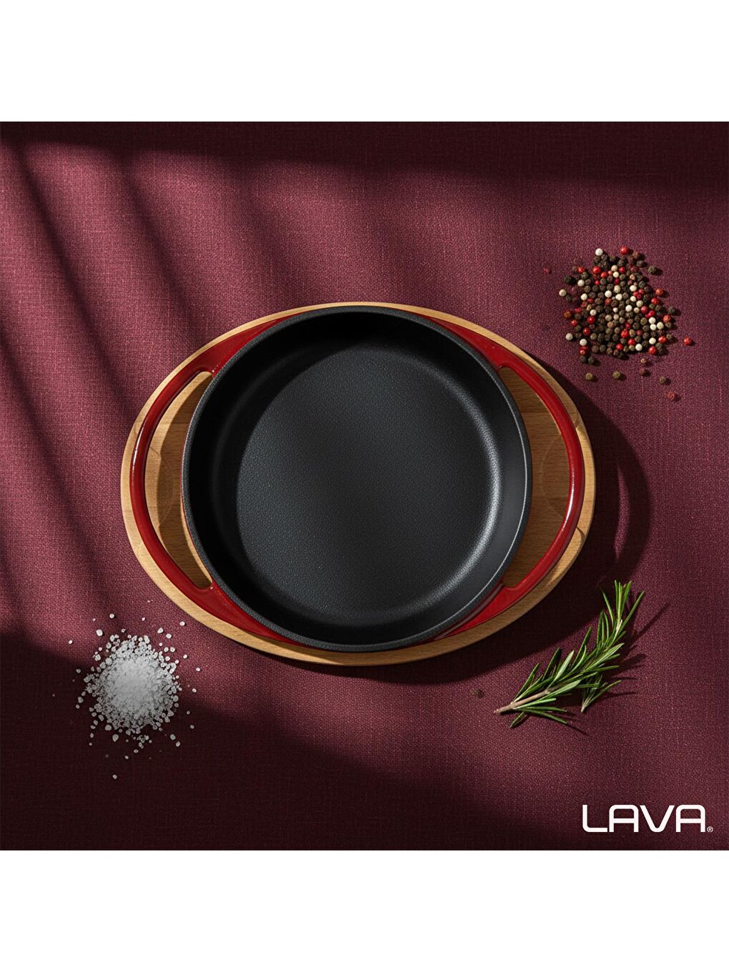 Bordo Yuvarlak Sahan Döküm Demir Yekpare Çift Kulplu Kayın Servis Ahşabı Çap(Ø)20cm.-6