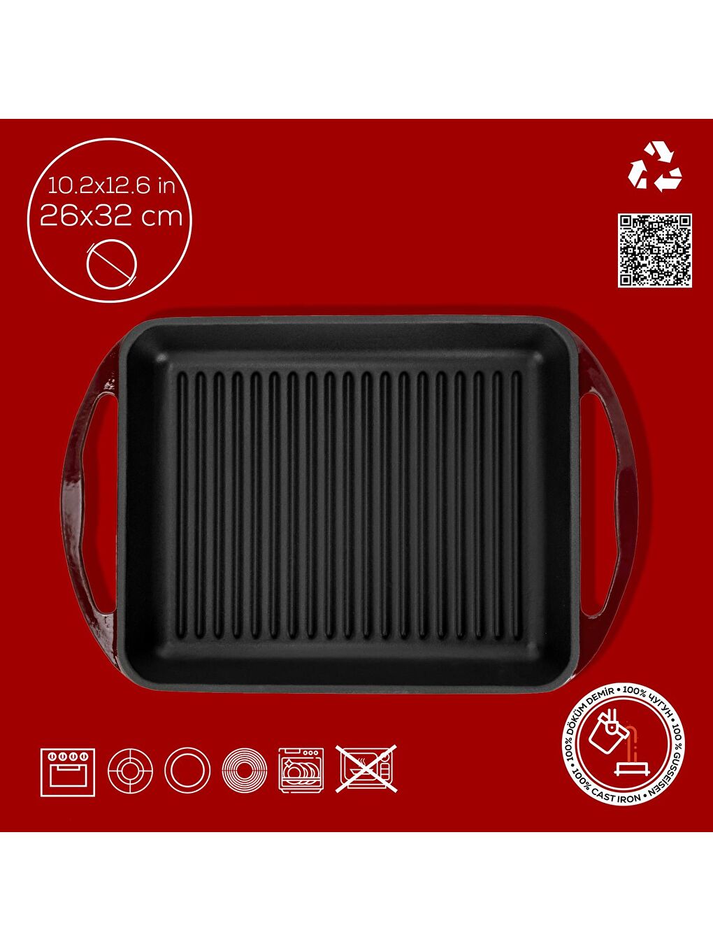 Bordo Dikdörtgen Izgara Tavası Döküm Demir Yekpare Çift Kulplu Ölçü 26x32cm.-3