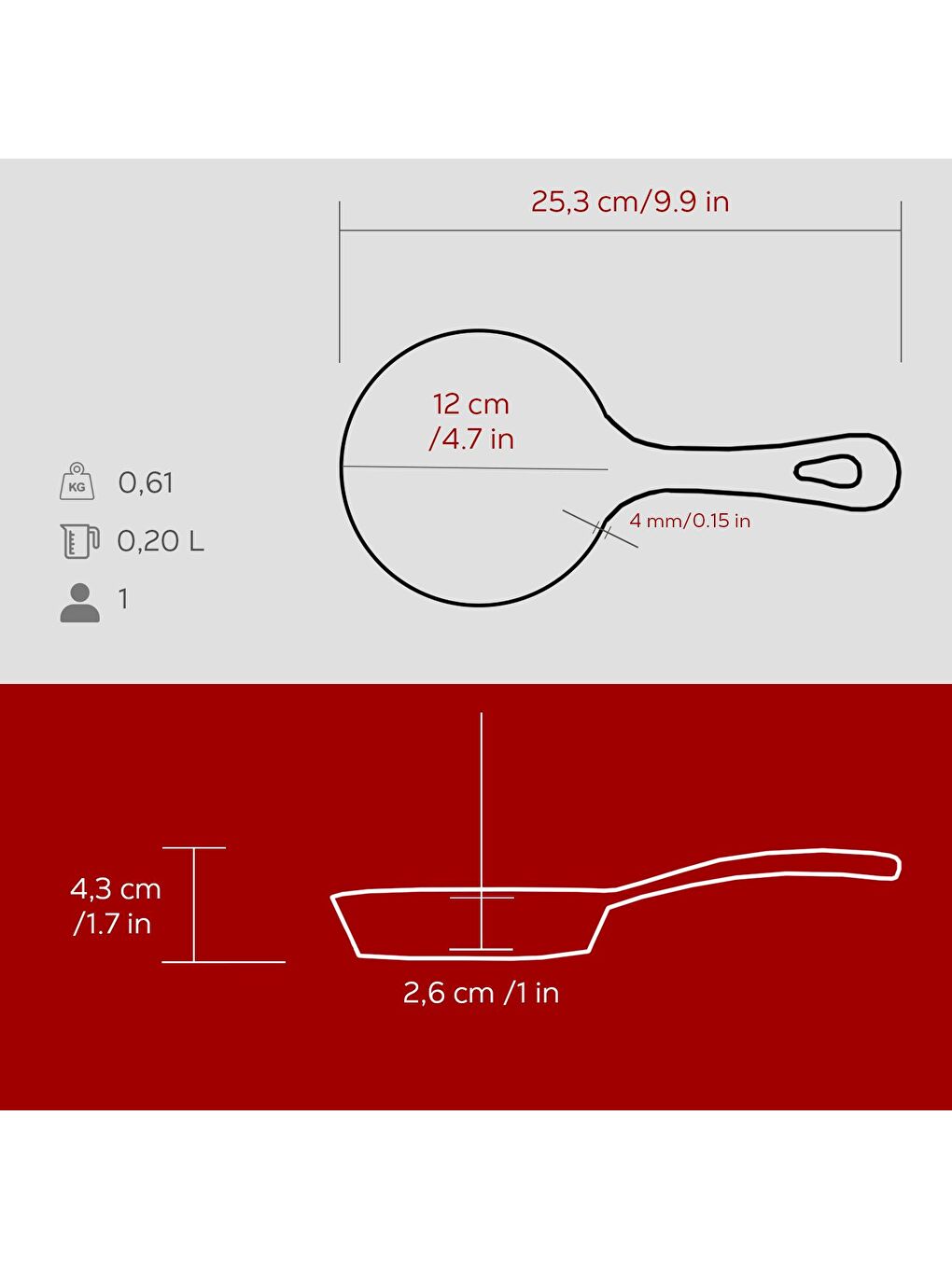 Bordo Yuvarlak Kızartma Tavası Yekpare Saplı. Çap(Ø)12cm.-4
