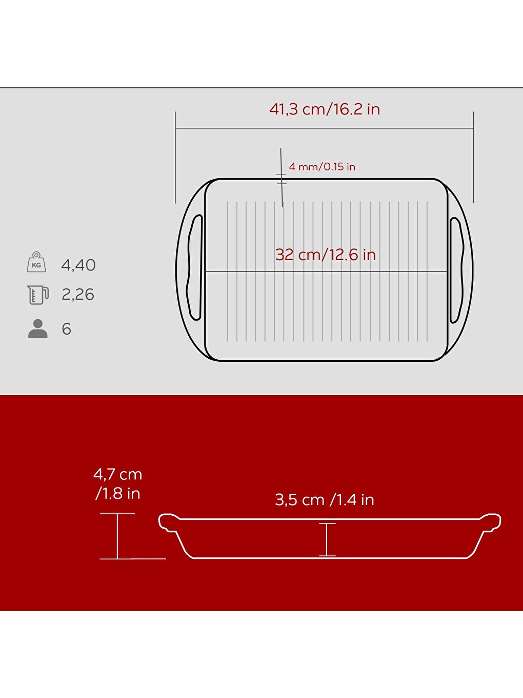 Bordo Dikdörtgen Izgara Tavası Döküm Demir Yekpare Çift Kulplu Ölçü 26x32cm.-4