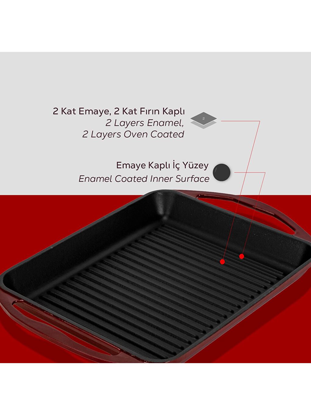 Bordo Dikdörtgen Izgara Tavası Döküm Demir Yekpare Çift Kulplu Ölçü 26x32cm.-5