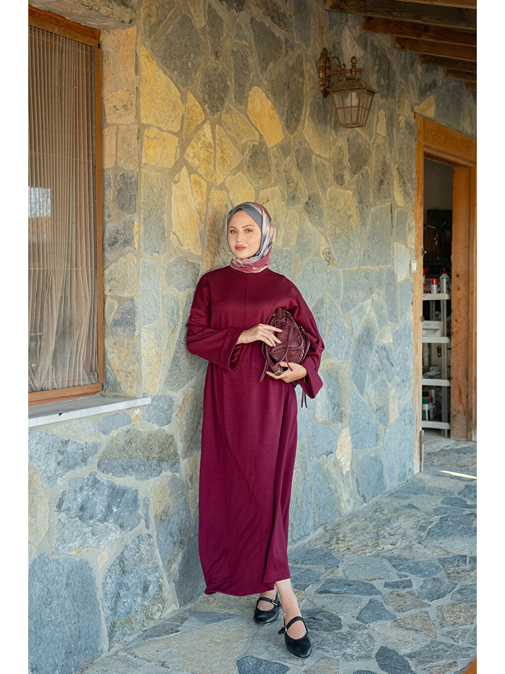 Kadın Dikiş Detay Bağlamalı Elbise Bordo-2