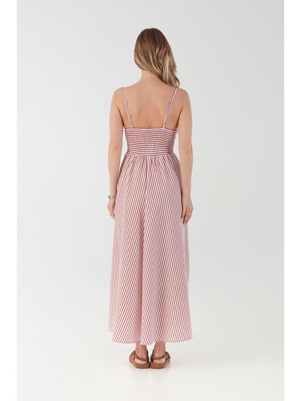 Kırmızı Çizgili Kruvaze Yaka İp Askılı Elbise-3