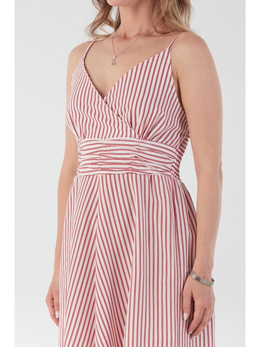 Kırmızı Çizgili Kruvaze Yaka İp Askılı Elbise-4